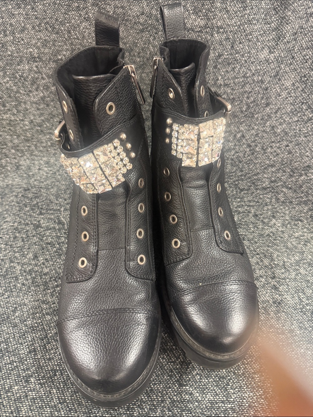 Karl Lagerfeld Black Leather Combat Boots with Crystal Buckle